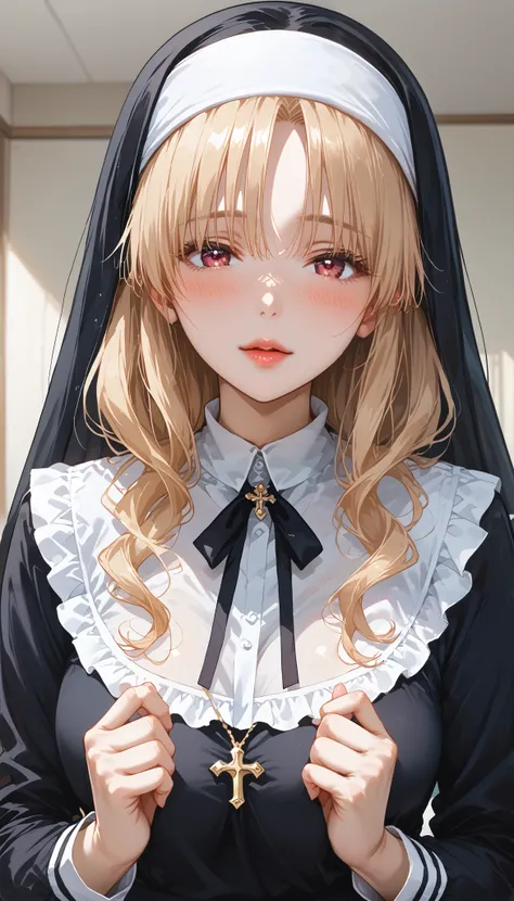 This is extremely detailed , Digital illustration of a young provocative woman in a nun outfit, black cross drawn on plump lips , フォトリアリスティックなスタイルin. The subject is a light-skinned woman with a pale complexion , length, Wavy blonde hair peeking out ...