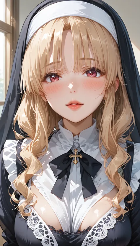 This is extremely detailed , Digital illustration of a young provocative woman in a nun outfit, black cross drawn on plump lips , フォトリアリスティックなスタイルin. The subject is a light-skinned woman with a pale complexion , length, Wavy blonde hair peeking out ...
