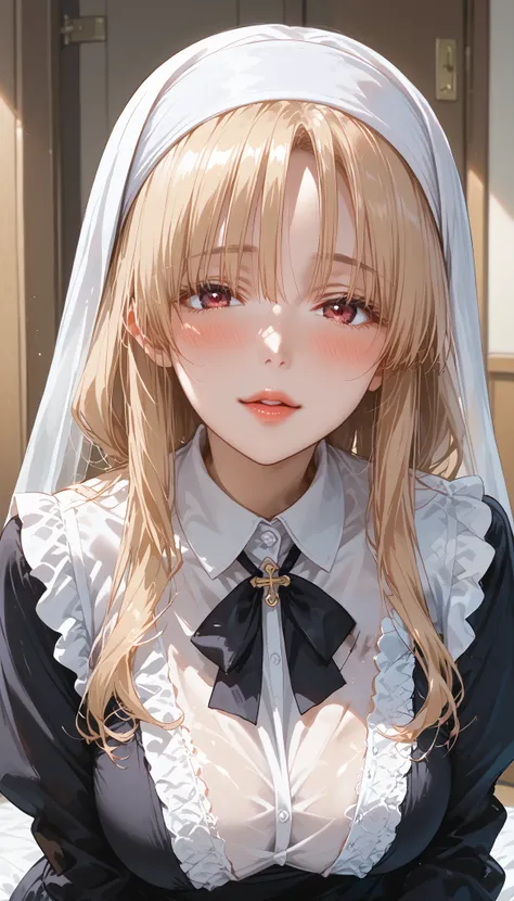 This is extremely detailed , Digital illustration of a young provocative woman in a nun outfit, black cross drawn on plump lips , フォトリアリスティックなスタイルin. The subject is a light-skinned woman with a pale complexion , length, Wavy blonde hair peeking out ...