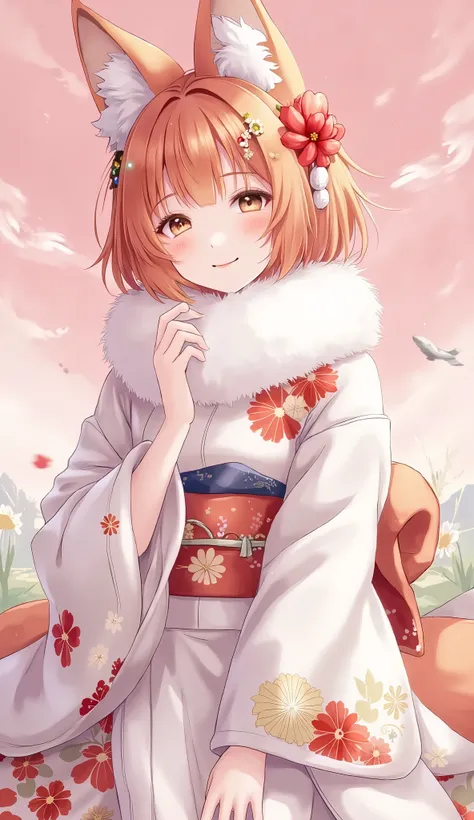 masterpiece, Best Quality, very detailed, 1 girl, Alone, (:3:0.9), animal earsの毛, animal ears, orange hair, fluffy hair, , brown eyes, flower, fox ears, fox girl , gradation , gradation background, hair flower, hair ornament, Japanese Clothes, kimono...