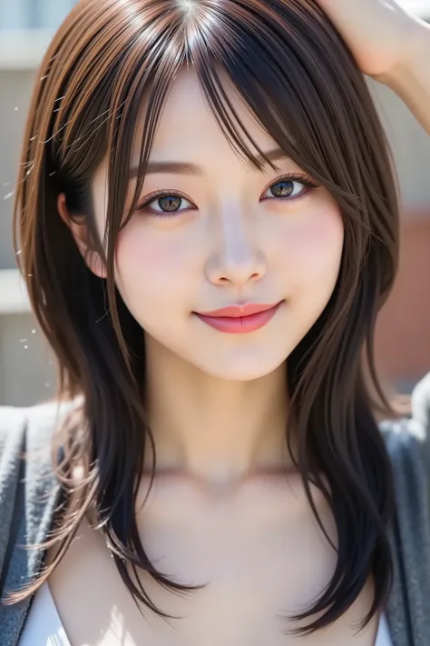 with the face positioned accurately in the center of the image, Upper chest,  fine, clean skin、head is fully reflected with tight tension, face is clearly visible as a full body shot, long sleeve black rubber suit that fits the body, Road Background、long b...