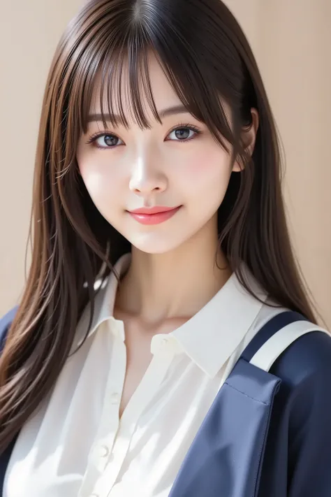 The face is positioned exactly in the center of the image , black hair , Tight Chest 、, the entire head is fully reflected , Face clearly visible、white blouse with collar and navy jacket, Women's Room Background , long hair per person、bungs, smile, young ...