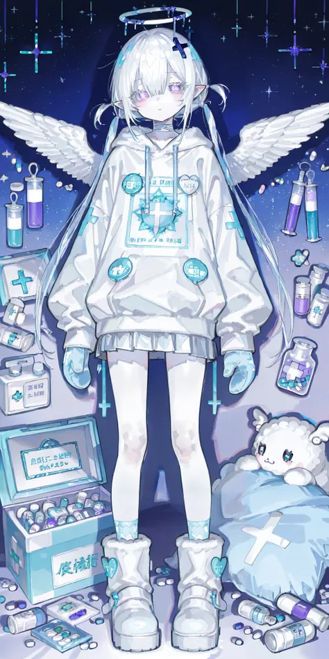 The girl is albino, she has white skin and slightly pointed ears, her eyes are indigo blue and her eyelashes are white. She has short shoulder-length loose white hair and has small pigtails on the sides of her head. She is wearing a baby blue oversized hoo...