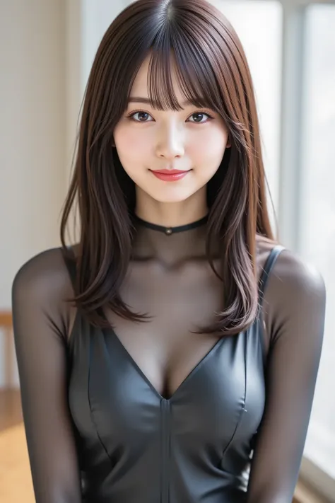 with the face positioned accurately in the center of the image, Upper chest, fine, clean skin、head is fully reflected with tight tension, face is clearly visible as a full body shot, long sleeve black rubber suit that fits the body, Road Background、long b...