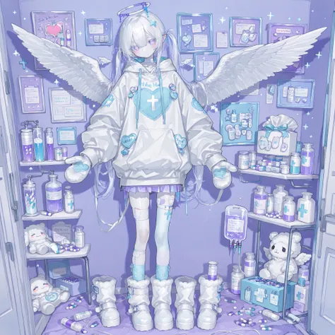 The girl is albino, she has white skin and slightly pointed ears, her eyes are indigo blue and her eyelashes are white. She has short shoulder-length loose white hair and has small pigtails on the sides of her head. She is wearing a baby blue oversized hoo...