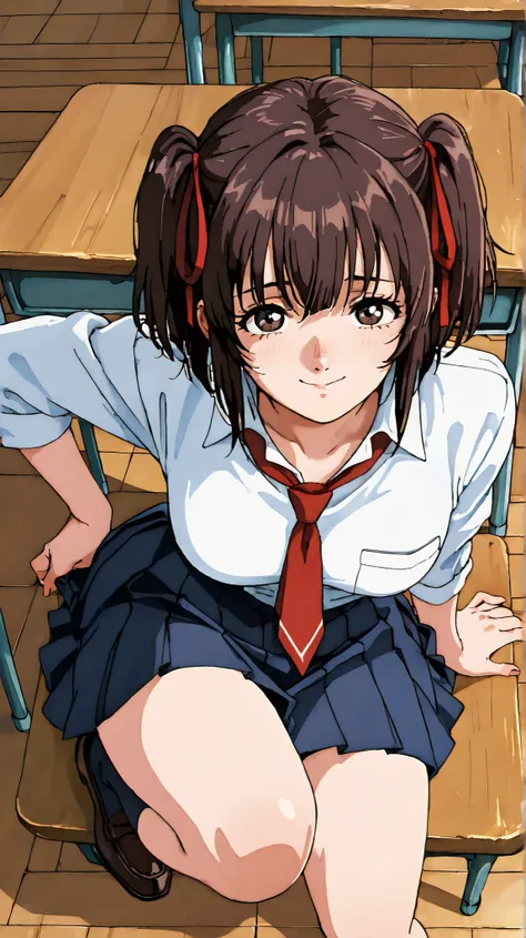 kayo,dark brown eyes,dark brown hair,two side hair,shoulder-length short hair,hair tied thin red ribbons,school uniform,white collared shirt,thin short red necktie,navy blue short pleated skirt,loafers,tareme,downturned eyes,labiomental sulcus,nose shadow,...