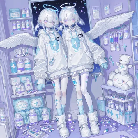 The girl is albino, she has white skin and slightly pointed ears, her eyes are indigo blue and her eyelashes are white. She has short shoulder-length loose white hair and has small pigtails on the sides of her head. She is wearing a baby blue oversized hoo...
