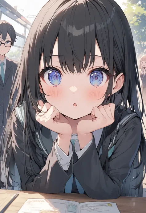 one girl、black hair、Japanese、straight hair、beautiful eyes、future、school uniform、high school student、black glasses、delicate、 Slim、pretty girl、small height、 popup