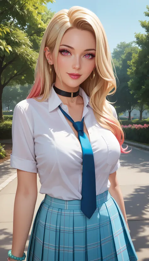 1girl, mature, 18 years old, mrnktg, long hair, multicolored hair, colored tips, blonde hair, pink eyes, large breasts, ear piercing bead bracelet, bracelet, ring, pendant choker, white collared shirt, tied shirt, blue necktie, pleated skirt, plaid skirt, ...