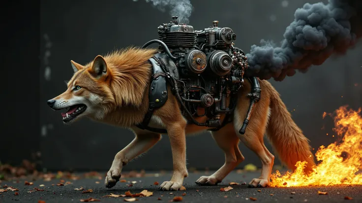 The image features a surreal fusion of a wild creature, combining the fierce head and front legs of a gas-powered running wolf with the robust back legs of a mechanical contraption. The wolf's fierce gaze is accentuated by the glint of metal, while its mus...