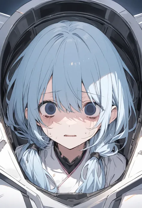 anime、light blue hair tied at the top、near future、 in the cockpit、、dying、tattered、hollow eyes、pretty girl