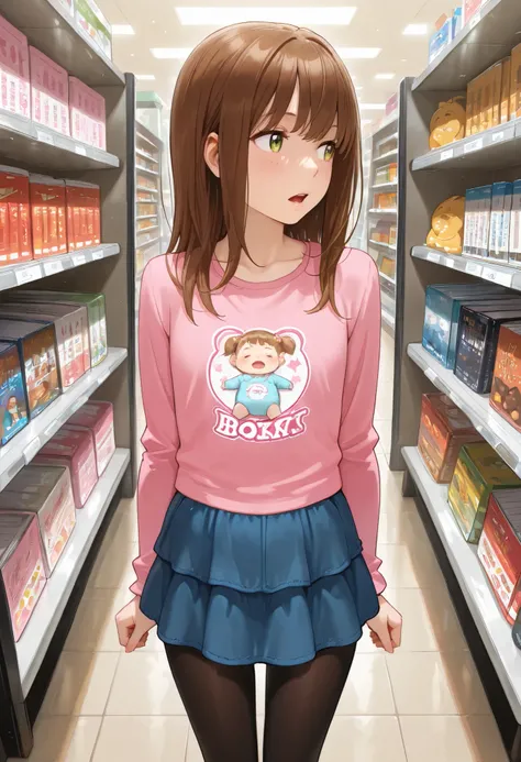 1girl, solo, kgr, slender body, pink t-shirt, long sleeves, flared skirt, light blue skirt, black tights, flat chest, black leggings, standing inside bookstore, searching for girls comic books, cowboy shot, looking away, baby face, open mouth a little, ult...