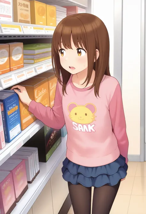 1girl, solo, kgr, slender body, pink t-shirt, long sleeves, flared skirt, light blue skirt, black tights, flat chest, black leggings, standing inside bookstore, searching for girls comic books, cowboy shot, looking away, baby face, open mouth a little, ult...