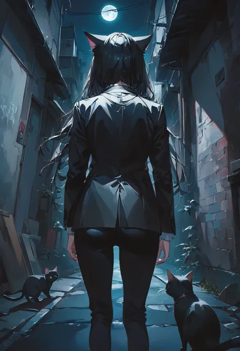 Woman with cat ears。Image of a black cat。in a suit。full body image。Composition seen from the front。Back alley at night。dark vibe。