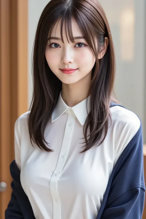 The face is positioned exactly in the center of the image , black hair , Tight Chest 、, the entire head is fully reflected , Face clearly visible、white blouse with collar and navy jacket, Women's Room Background , long hair per person、bungs, smile, young ...
