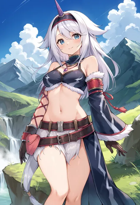 ( score_9:0.9), score_8_up, score_7_up,rating_explicit, anime style,(zPDXL), r armor, purple single horn headband, 1 young_girl, Alone, long_gloves, black_knee_high , white_long_hair, shaggy_bang,Blue Eyes, under the arm, arms, medium_breasts , black_t...