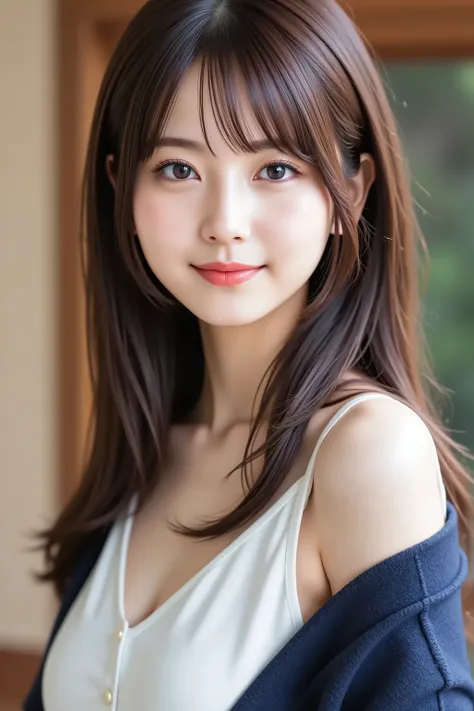 The face is positioned exactly in the center of the image , , the entire head is fully reflected , Face clearly visible、white blouse with collar and navy jacket, Women's Room Background , long hair per person、bungs, smile, young and cute japanese face , OF...
