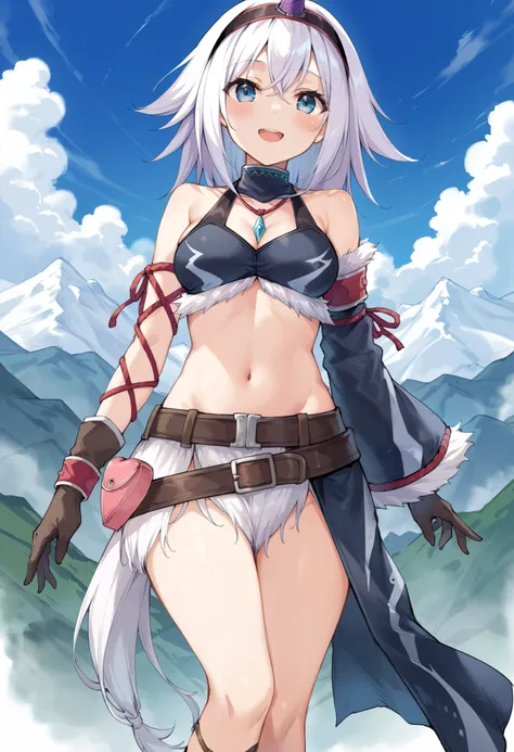 ( score_9:0.9), score_8_up, score_7_up,rating_explicit, anime style,(zPDXL), r armor, purple single horn headband, 1 young_girl, Alone, long_gloves, black_knee_high , white_long_hair, shaggy_bang,Blue Eyes, under the arm, arms, medium_breasts , black_t...