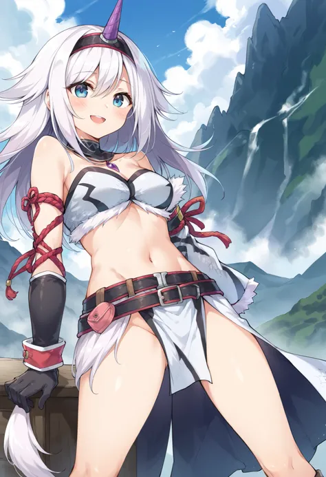( score_9:0.9), score_8_up, score_7_up,rating_explicit, anime style,(zPDXL), r armor, purple single horn headband, 1 young_girl, Alone, long_gloves, black_knee_high , white_long_hair, shaggy_bang,Blue Eyes, under the arm, arms, medium_breasts , black_t...