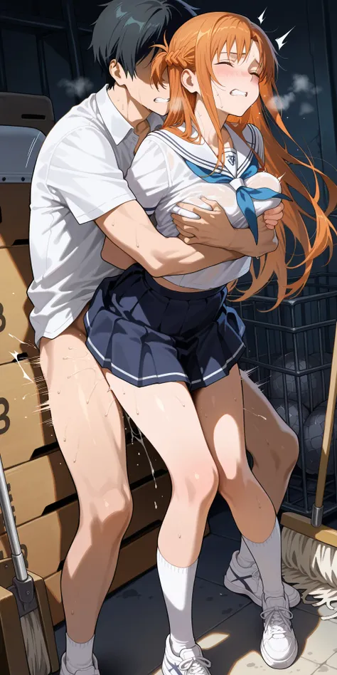 masterpiece,best quality:1.2,amazing quality,realistic), resolution、　　{{Yuuki Asuna(sword　art　online))、1man and 1woman,hug from back,having sex,bouncing sex、rape、raping,standing doggystyle, grabs the breast,(very small head:1.2),medium breasts,slender body、thin、ecstasy face、through clenched teeth、orgasm face、embarrassed,rough breathing,sweat,bottomless, school uniform、white socks, white sneakers, Bend your knees、close legs,Shade of the latter,NSFW、in Physical education storeroom, ball cage, vaulting box, mop stand