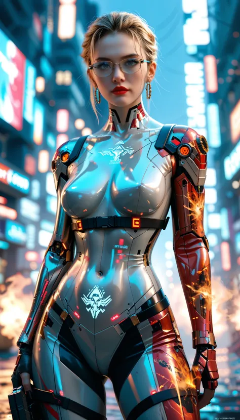 A cyberpunk action scene featuring a stylish female fighter. She wears mirror glasses that reflect neon lights, and her striking red lips contrast against her fair skin. Her golden medium-length hair is slicked back. She wears a futuristic, glowing bodysui...
