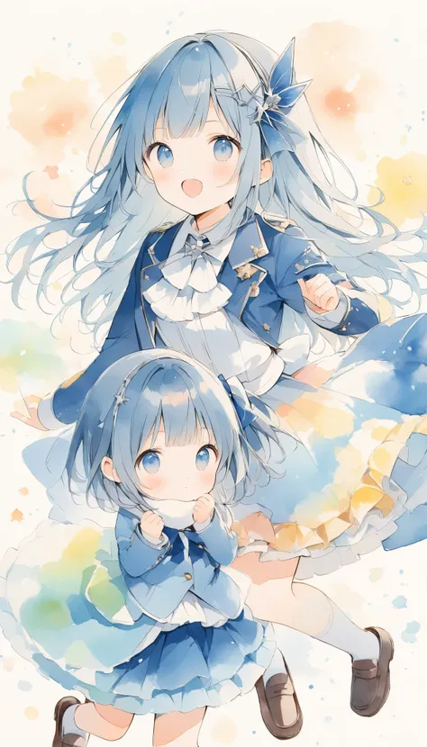 bright color、watercolor,2.5D,#SDXL、Baby Metal Band Girls ,派手なHeavy Metalのポーズ、cute、  Band performance、Heavy Metal、navy blue blazer、 Navy Blue Short Ruffle Skirt 、 loafers white、 muffler 、 soft colored artwork、 warm, Antique Color