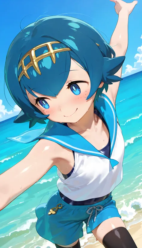 high resolution picture, masterpiece, best quality, amazing quality, solo, 1girl,lana,smile,flat chest,shiny skin,blush,black thighhighs, blue sailor collar, blue skirt, collarbone, one-piece swimsuit, pants, sailor collar, shirt, sleeveless, sleeveless sh...