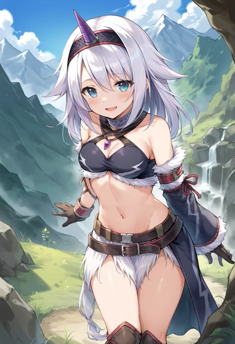 ( score_9:0.9), score_8_up, score_7_up,rating_explicit, anime style,(zPDXL), r armor, purple single horn headband, 1 young_girl, Alone, long_gloves, black_knee_high , white_long_hair, shaggy_bang,Blue Eyes, under the arm, arms, medium_breasts , black_t...