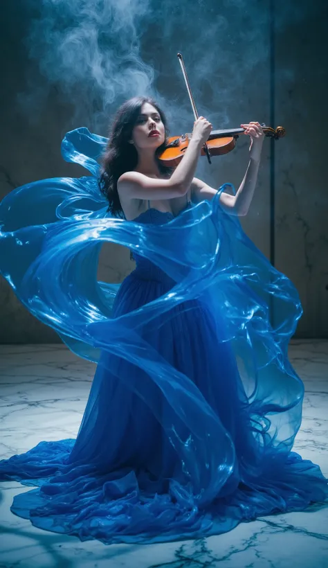 (best quality, 128k,highres,masterpiece:1.2),ultra-detailed,(realistic,photorealistic,photo-realistic:1.37), ((masterpiece)) ((photography)) ((Highest quality)) A surreal and hyper-realistic digital painting of an ethereal woman playing the violin. Her flo...