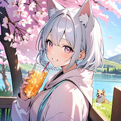 8k,smile, Girl with dog ears silver hair, White Ear, cherry blossoms,spring,cherry blossomsの下でお酒を飲む