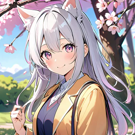 8k,smile, Girl with dog ears silver hair, White Ear, cherry blossoms,spring, middle school student