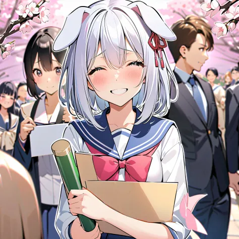 8k,smile, Girl with dog ears silver hair, White Ear, cherry blossoms,spring, middle school student,Graduation Ceremony, cries,sailor suit,Diploma