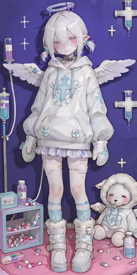 The girl is albino, she has white skin and slightly pointed ears, her eyes are indigo blue and her eyelashes are white. She has short shoulder-length loose white hair and has small pigtails on the sides of her head. She is wearing a baby blue oversized hoo...
