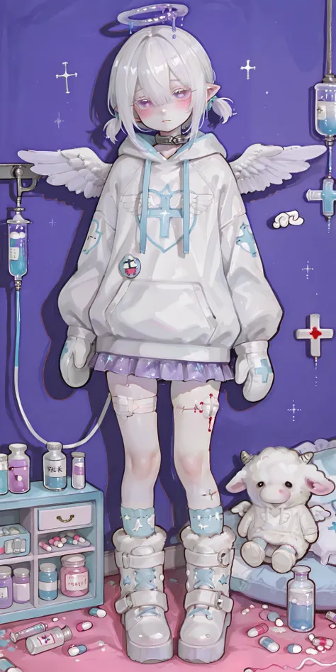 The girl is albino, she has white skin and slightly pointed ears, her eyes are indigo blue and her eyelashes are white. She has short shoulder-length loose white hair and has small pigtails on the sides of her head. She is wearing a baby blue oversized hoo...