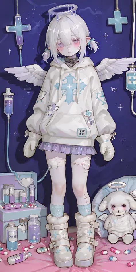 The girl is albino, she has white skin and slightly pointed ears, her eyes are indigo blue and her eyelashes are white. She has short shoulder-length loose white hair and has small pigtails on the sides of her head. She is wearing a baby blue oversized hoo...