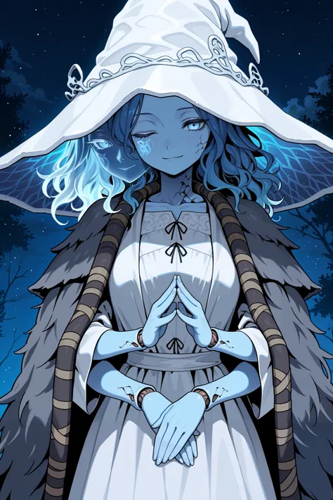 masterpiece,best quality, amazing quality, very aesthetic,anime screencap,1girl,RnnDef, blue eyes, one eye closed, blue hair, wavy hair, (4 arms:1.2), extra faces, ghost face, blue skin, colored skin, cracked skin, doll joints,witch hat, large hat, white h...