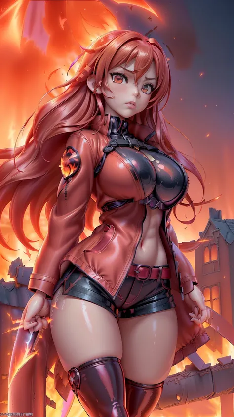 Ultra-realistic rendering, hyper-detailed, cinematic lighting, 8K resolution, photorealistic textures, vivid colors, professional artwork, source_anime. (((Shana from Shakugan no Shana, a fierce Flame Haze with long, flaming red hair glowing like embers, cascading wildly over her shoulders, her blazing crimson eyes piercing through, radiating her title ‘Blazing-Eyed Slayer,’ a few strands framing her sharp, defiant face))). (((Her body is sculpted with an hourglass figure, featuring very big breasts subtly outlined beneath her tight coat, and a very big, rounded ass accentuated by her stance, skin glossy with mystical oil, shimmering with an ethereal sheen))). ((Her crimson eyes flare with stern resolve and hidden warmth, lips set in a pouty frown, exuding fiery determination)). ((She stands atop a shattered rooftop, one leg forward, gripping her iconic katana Nietono no Shana aloft, flames licking the blade, wind tousling her coat dramatically)). (A twilight cityscape ablaze with red hues, crumbling buildings, glowing embers floating, a tense, mystical air). (She wears her standard black Yogasa coat, open to reveal a red-trimmed tunic, paired with shorts and boots, katana gleaming at her side).