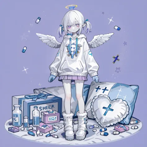 The girl is albino, she has white skin and slightly pointed ears, her eyes are indigo blue and her eyelashes are white. She has short shoulder-length loose white hair and has small pigtails on the sides of her head. She is wearing a baby blue oversized hoo...