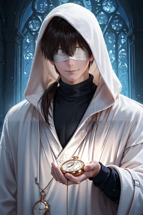 masterpiece, best quality, detailed eyes, semi realistic, 8k, boy, cool, small, white robe coat, black sweater, short black low ponytail hair, blindfold bandage, fantasy, solo character, wearing hood, white pocket watch on hand, white particles, fantasy te...