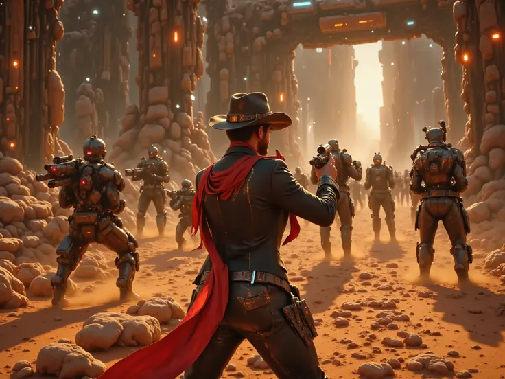 (Cyberpunk westerns:1.5),(WESTERN DRAMA ON MARS),Ray gun,( Gunfight:2),(Western Costume:1.2),(Brown Cowboy Hat),(red scarf),Back view of a human gunman ,Cinematic Effects ,I, Tumbleweed,(laser light:1.5),(Countless long leather beams),(dynamic action:1.5)
...