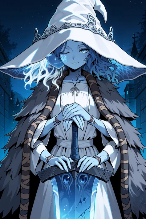 masterpiece,best quality, amazing quality, very aesthetic,anime screencap,1girl,RnnDef, blue eyes, one eye closed, blue hair, wavy hair, (4 arms:1.2), extra faces, ghost face, blue skin, colored skin, cracked skin, doll joints,witch hat, large hat, white h...
