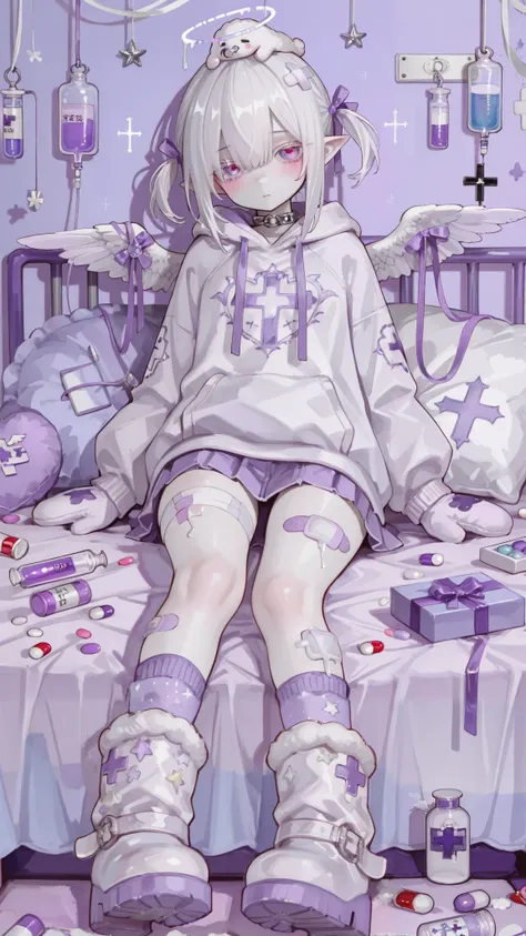 The girl is albino, she has white skin and slightly pointed ears, her eyes are navi blue , and her eyelashes are white. She has short shoulder-length loose white hair and has small pigtails on the sides of her head. She is wearing a lilac oversized hoodie ...