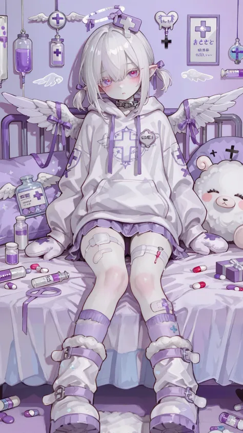 The girl is albino, she has white skin and slightly pointed ears, her eyes are navi blue , and her eyelashes are white. She has short shoulder-length loose white hair and has small pigtails on the sides of her head. She is wearing a lilac oversized hoodie ...