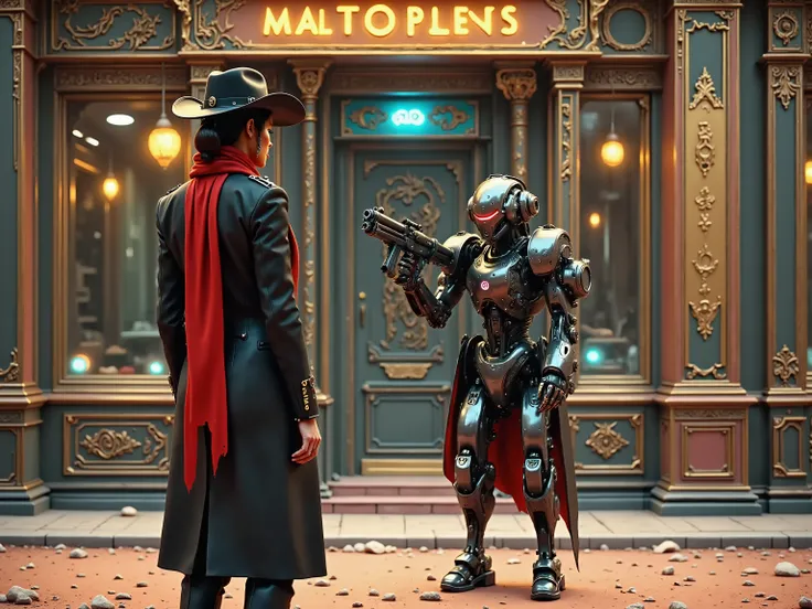 (Cyberpunk westerns:1.2),(WESTERN DRAMA ON MARS),Laser gun,(Western Costume:1.2),(Cowboy Hat,brown),(red scarf),One-on-one quick strike confrontation scene,rear view of a human gunman in front,Drop your back and shoot,Mechanized human face to face,Multiple...