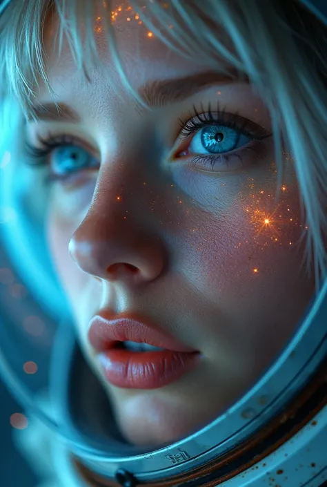 (Close-up of a better masterpiece:1.5)0.9], (Space and astronauts:1.2) (Messy silver hair:1.1) (Heterochromia xanthochromia and blue eyes:1.2) (Space Helmet:1.0) (Colored stars in the eyes:1.0) (A radiant glow:1.1) (thick lips:0.9)