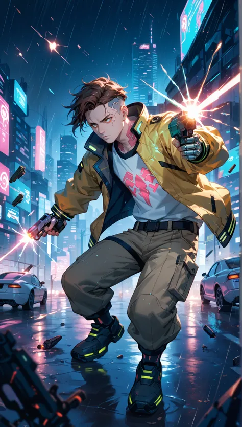 Cyberpunk, Gunfight, Devid from cyberpunk edgerunners, Futuristic City, Neon Lights, Rainy Night, male Cyborg, brown Short Hair, High-Tech yellow jacket, Cybernetic Arms, Energy Pistol cannon, Mid-Air Shooting, Dynamic Action Pose, Sci-Fi Weaponry, Flying ...