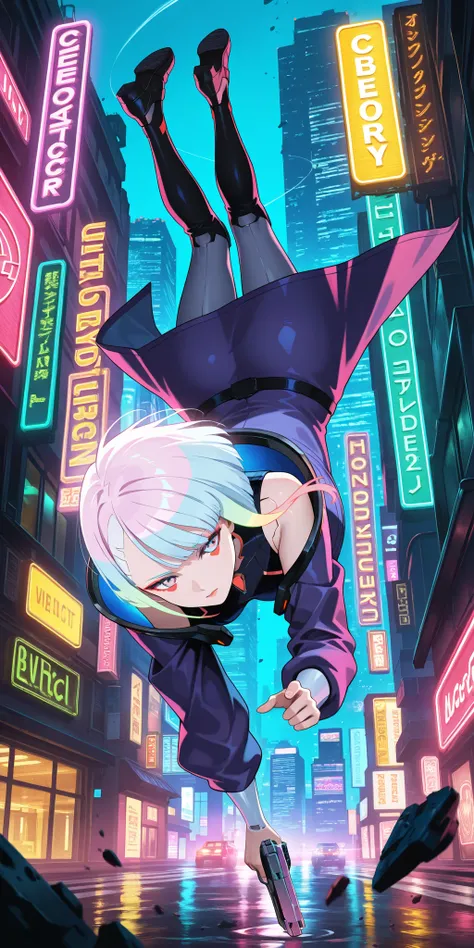 Cyberpunk, Gunfight, Lucy from cyberpunk edgerunners, Futuristic City, Neon Lights, Rainy Night, Female Cyborg, White-Blue Short Hair, Glowing Hair Tips, Purple-Blue Eyes, High-Tech Black-Purple Coat, Cybernetic Arms, Energy Pistol, Mid-Air Shooting, Dynam...