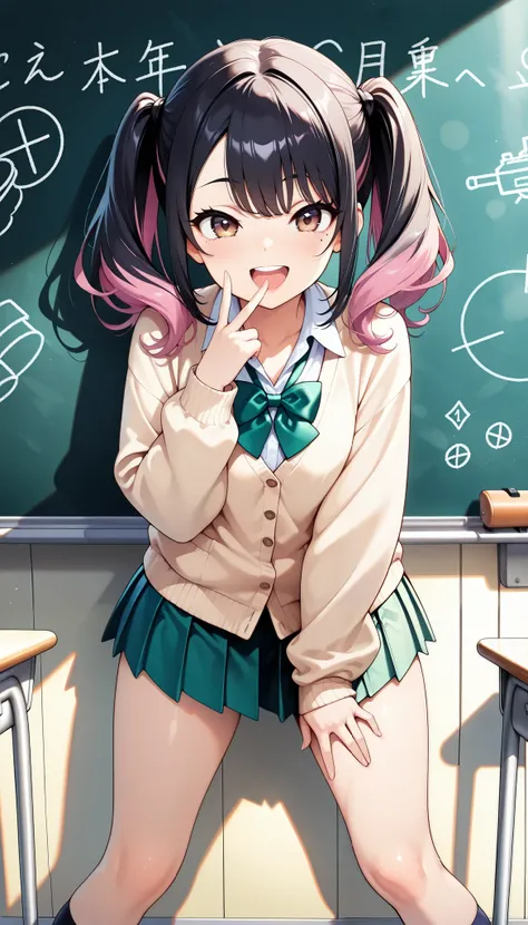 1 female, (Minami Yoshikawa), black hair with pink inner color hair, twin tails, asymmetrical hair, brown eyes, mole under the eye, slight build,  laugh,  open your mouth, V sign next to your face,  beautiful shining eyes,  glossy lips , very detailed目と顔, ...