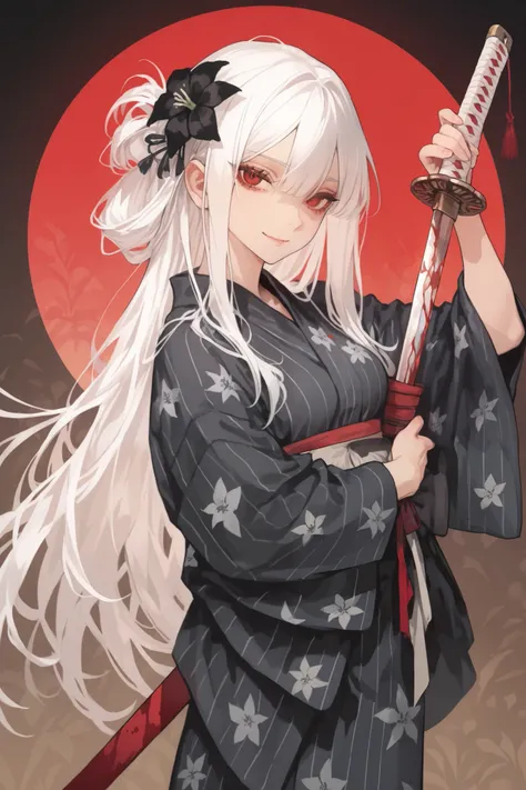 White hair, blood red eyes, long white hair, female, height 152, age 24, calm, doesn't smile, holds a katana, wears a black yukata with a peach flower pattern.