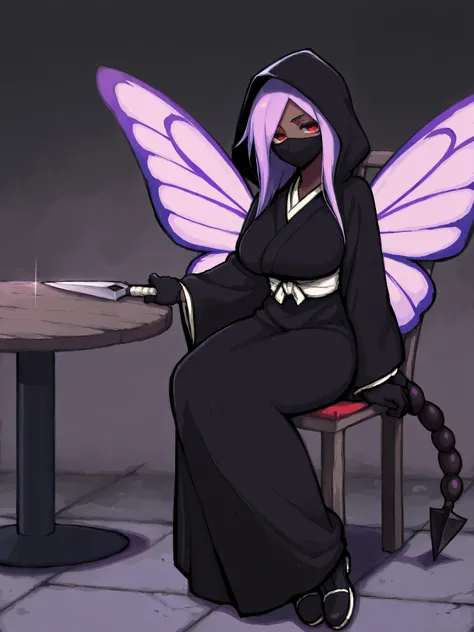 very dark environment, large purple butterfly wings, sitting down on chair, table, black cloak, hood up, dark skin, long black kimono dress, 1girl, dark room, holding dagger, big breasts, long kimono skirt, dark prison, large black scorpion tail, short pur...